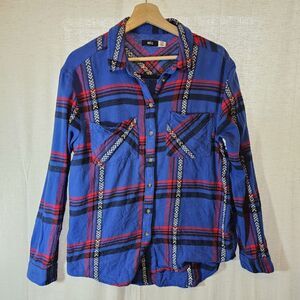 BDG Royal Blue Red Multi Color Plaid Flannel Aztec Button Down Shirt Size Medium